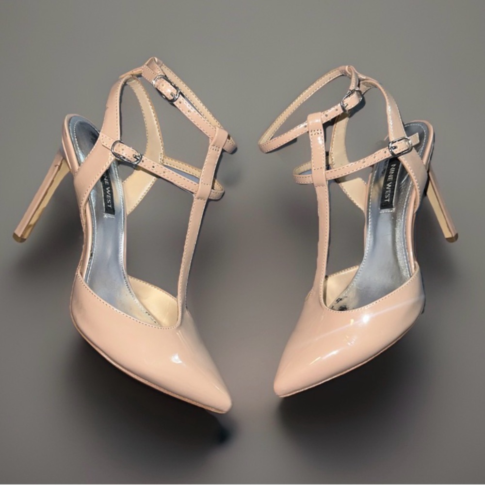 Nine West Patent Leather Beige Heels Buckle Size 6.5